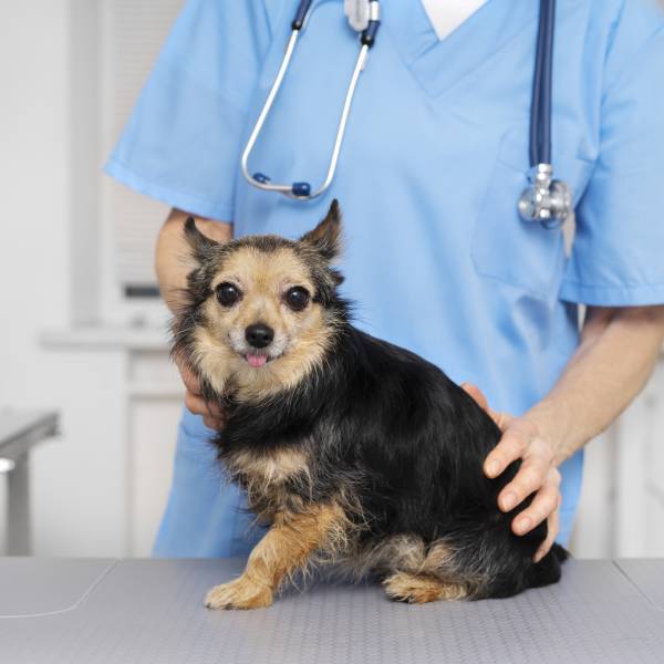 A dog being examined by a doctor