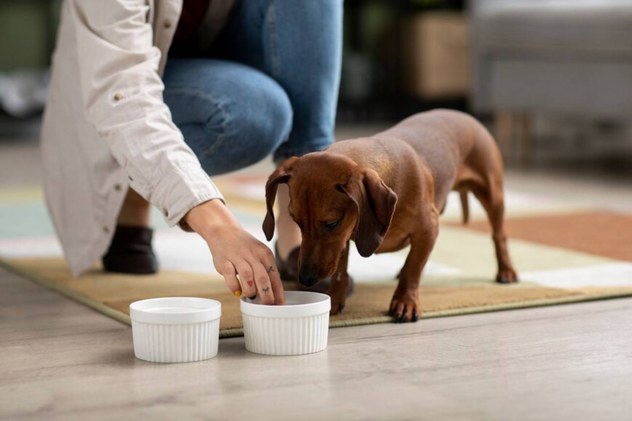A dog reaching for food in a bowl