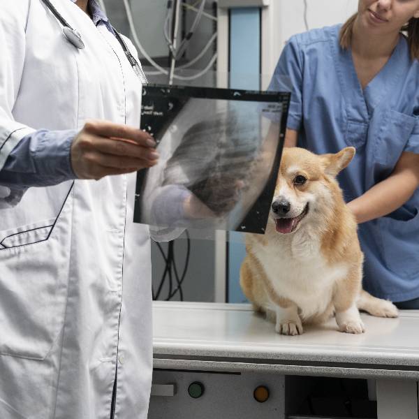 A dog looking at an x-ray