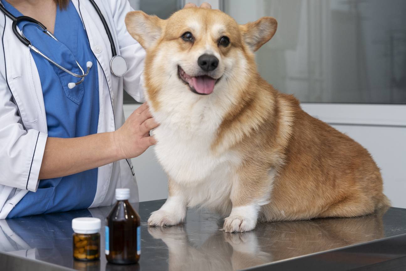 A dog standing on a table with a doctor in the background